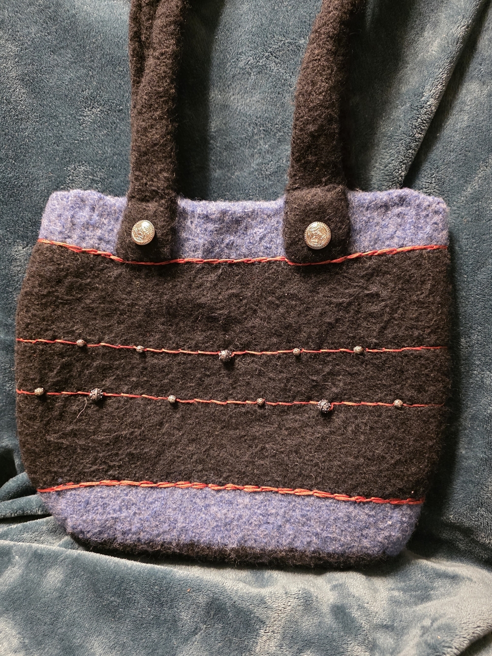 Handmade Black and Blue Felt Tote with Red Accent Stitching